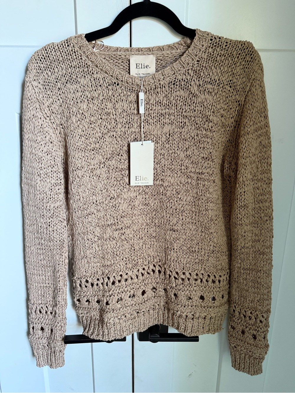 Elie Tahari Beige Cream Openwork Knit Crewneck Sweater size S.
